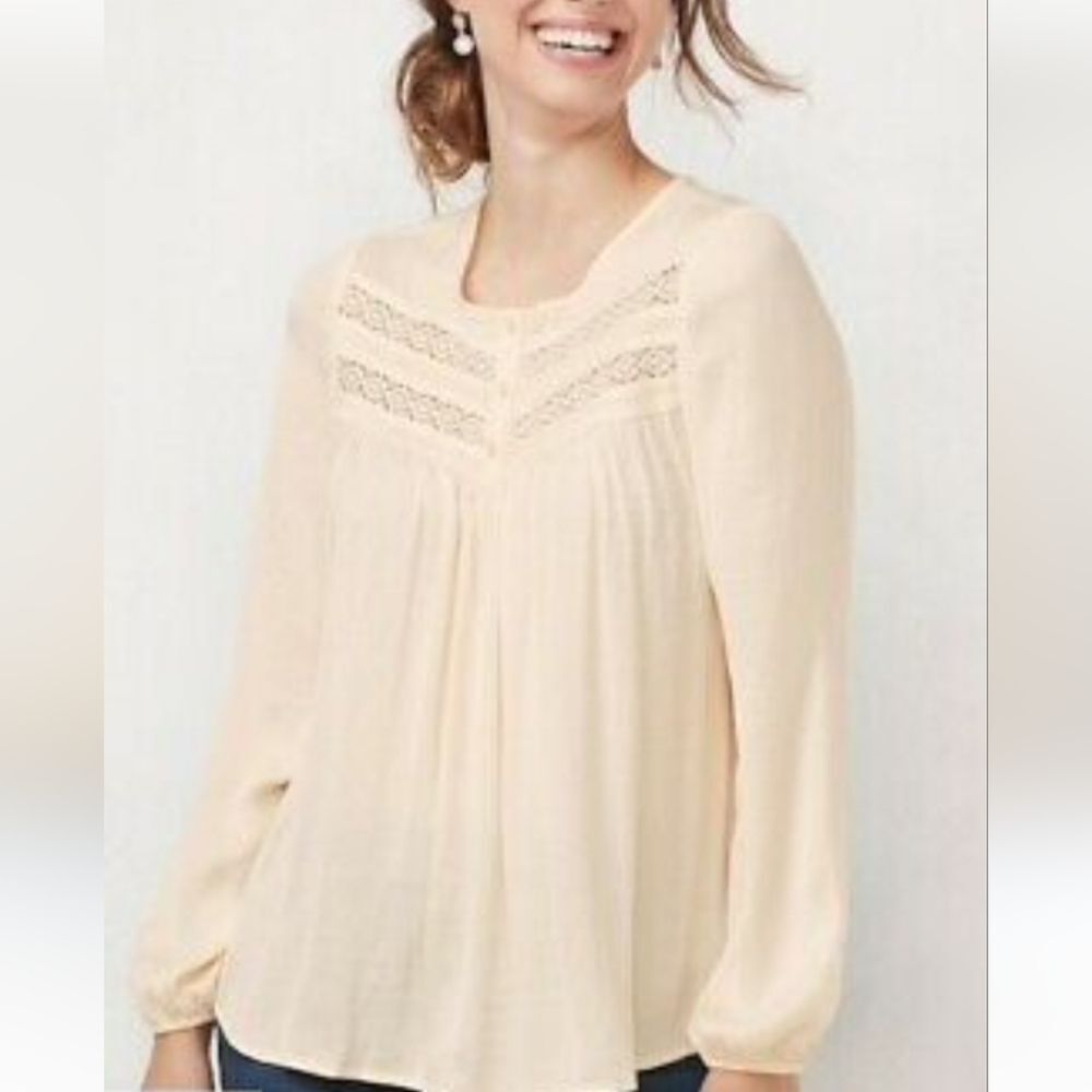 L C Lauren Conrad satin polyester 1/4 button front blouse with lace detail